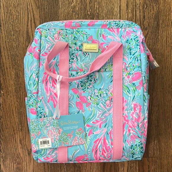 Lilly Pulitzer Pink and Blue Cooler Backpack with Tropical Flair - Picture 1 of 6
